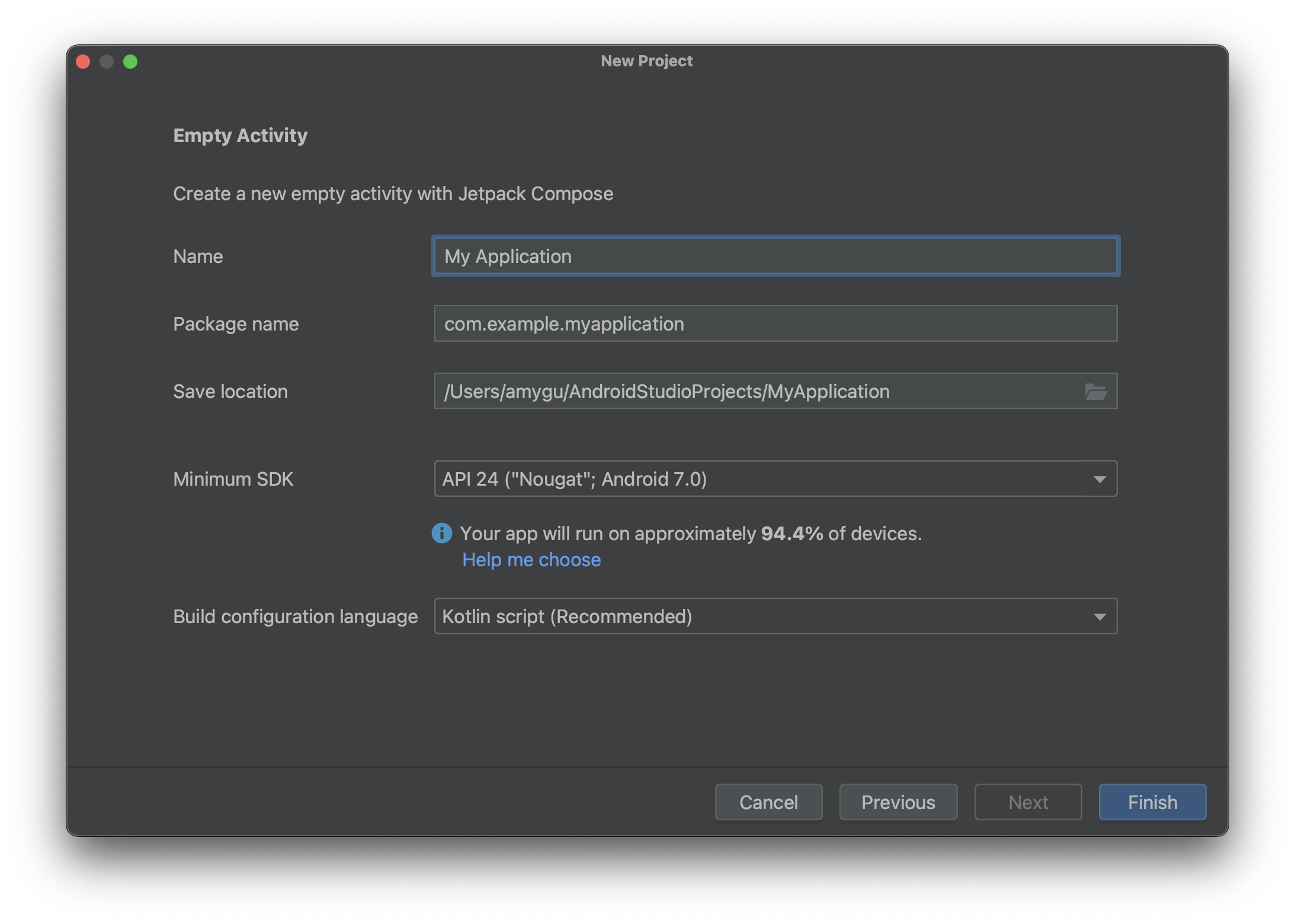 Example project settings from Step 4 entered in Android Studio