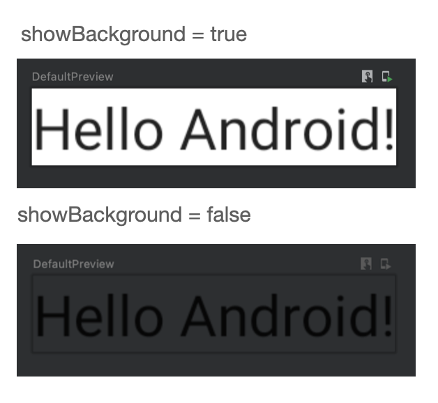 En esta imagen, se muestra el texto &quot;Hello Android&quot; en fuente negra sobre un fondo blanco en la parte superior, y &quot;Hello Android&quot; en fuente negra sobre un fondo oscuro en la parte inferior.