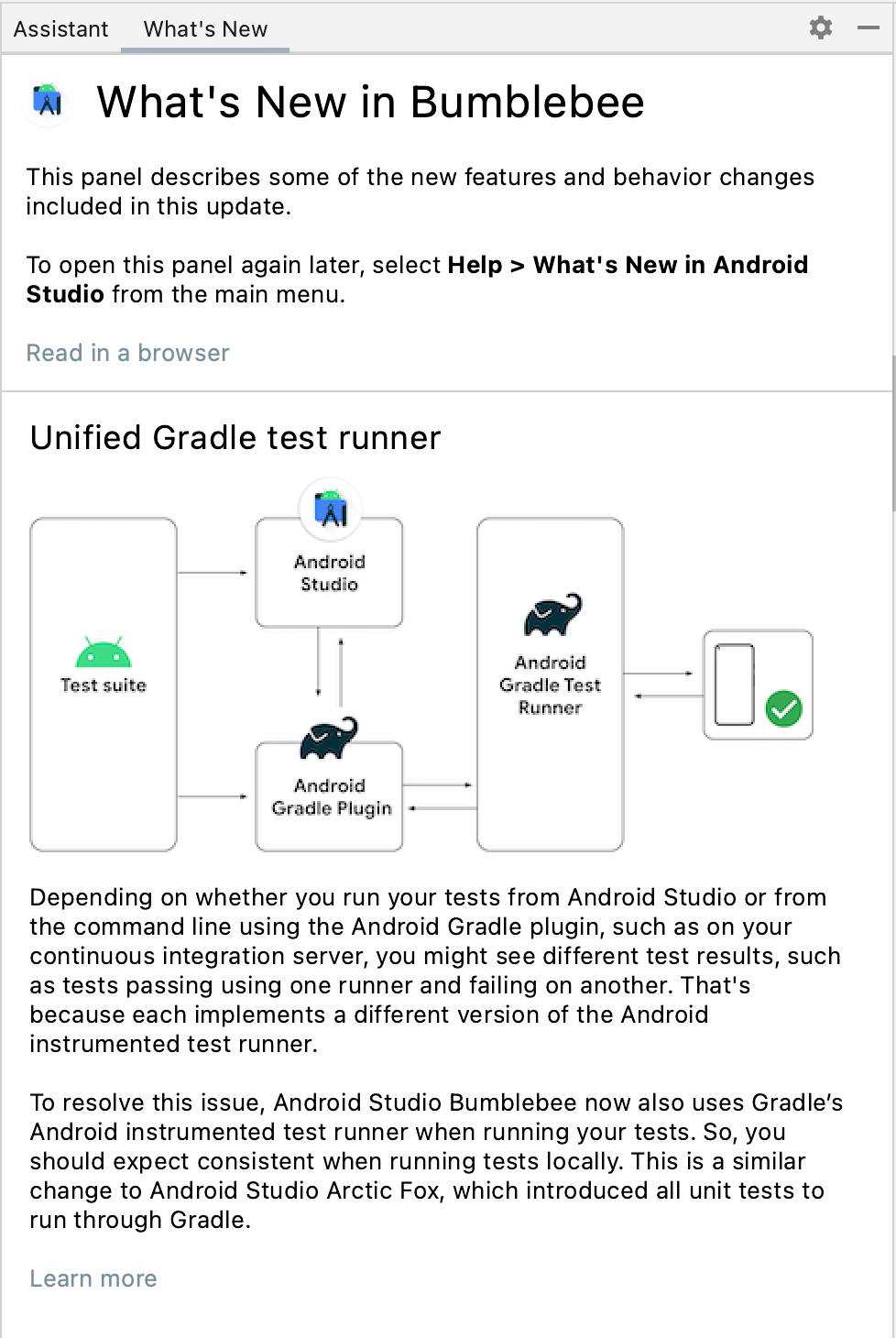 この画像は、Android Studio のアップデートに関する情報を提供する [What&#39;s New] ペインの画像。