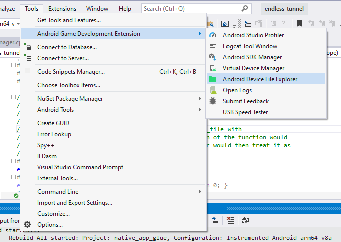 The Visual Studio Tools Menu is open, with the Android Game Development Extension sub-menu
open, and the Android Device File Explorer menu item
highlighted.