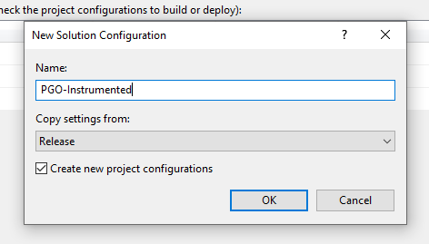「New Solution Configuration」對話方塊，顯示您正根據現有的發布建構設定，建立新的 PGO 檢測建構設定