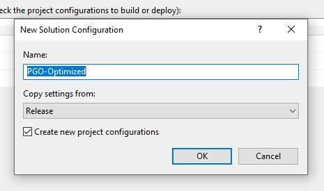 Diálogo &quot;New Solution Configuration&quot; que crea una configuración de compilación basada en la compilación de lanzamiento, pero esta vez con &quot;optimizada para PGO&quot; como el nombre de la configuración de compilación nueva