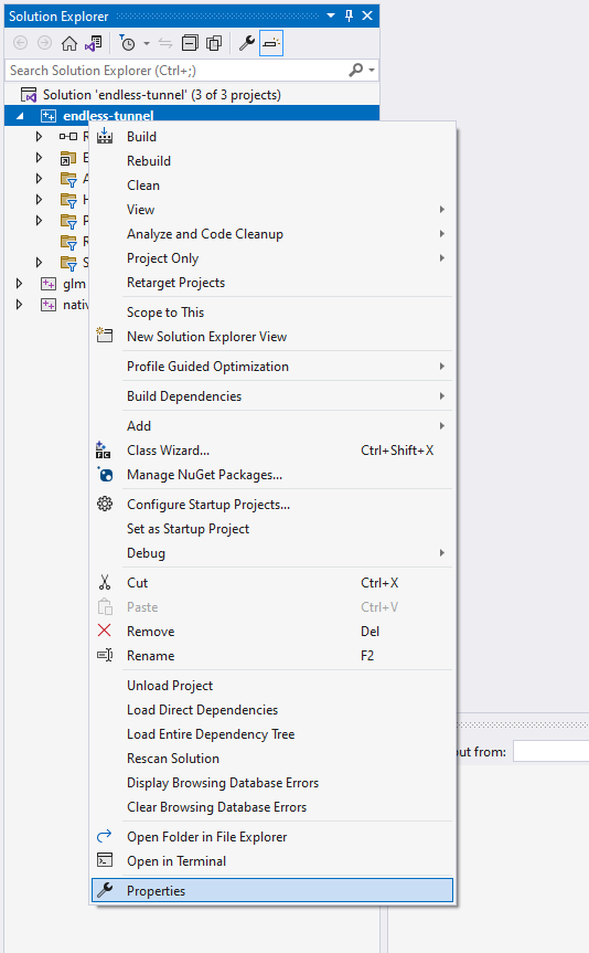 Menú de propiedades de Solution Explorer de Visual Studio para el proyecto actual