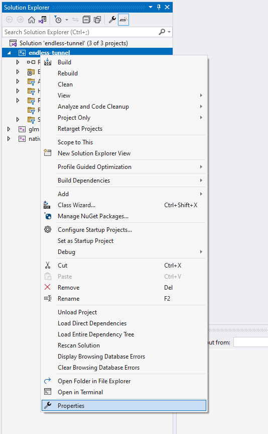 เมนูคุณสมบัติตัวสำรวจโซลูชันของ Visual Studio สำหรับรายการปัจจุบัน
