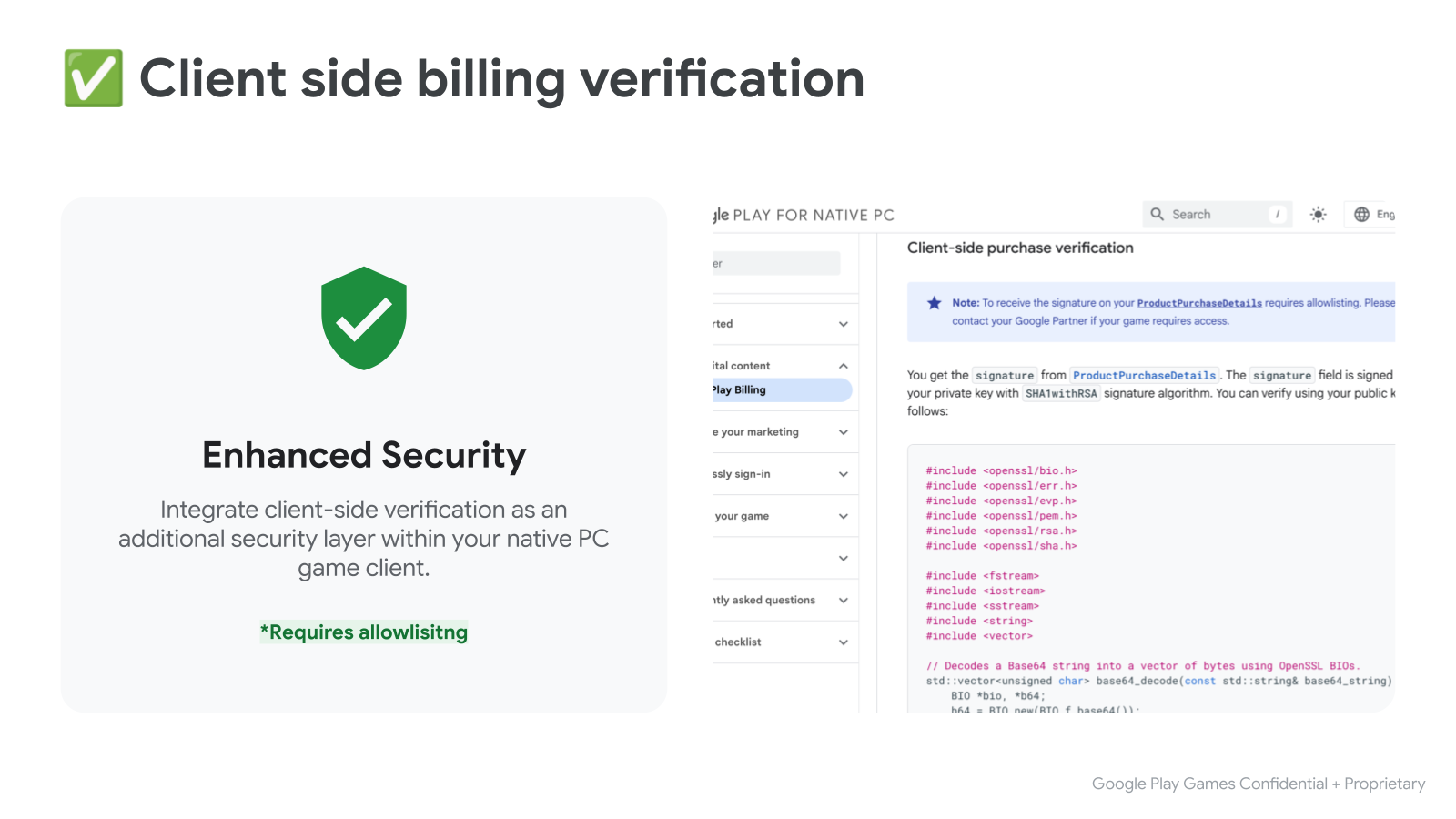 Client-side purchase signature verification architecture