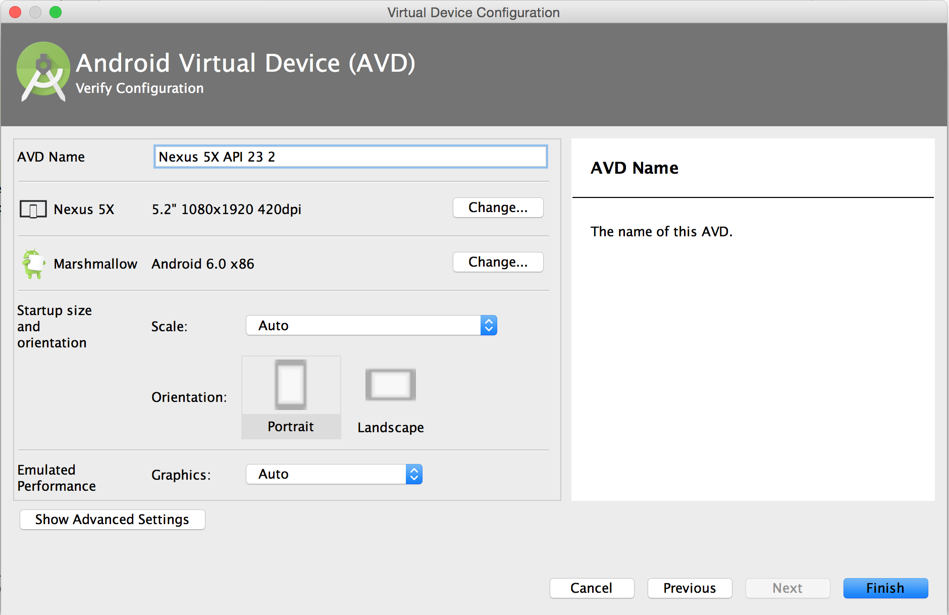 AVD Manager 的 Verify Configuration 页面