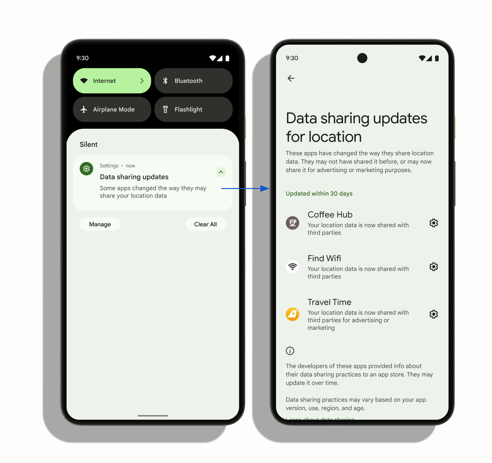 Quando l'utente tocca un punto qualsiasi della notifica di sistema, la pagina "Aggiornamenti della condivisione dei dati per la posizione" viene caricata nelle impostazioni di sistema. Un elenco nella parte mediana dello schermo mostra le app che hanno modificato le proprie pratiche di condivisione dei dati