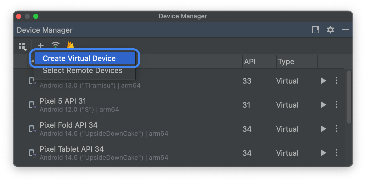 Crea un dispositivo virtuale Android
in Android Studio