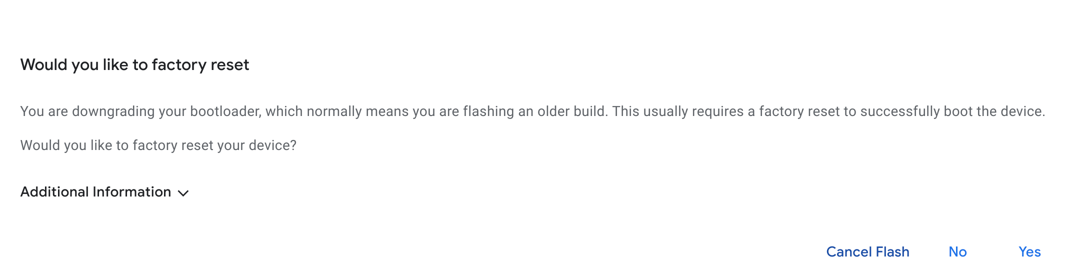 رسالة من محطة Flash تطلب منك تحديد ما إذا كان يجب إعادة ضبط الجهاز
    على الإعدادات الأصلية
