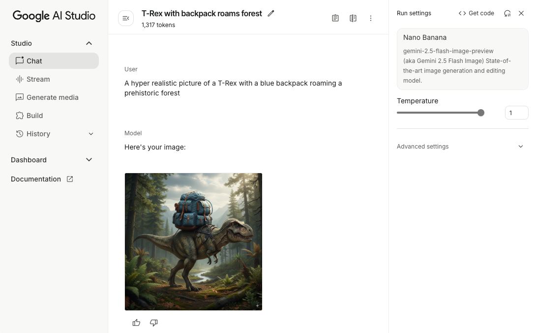 Google AI Studio interface showing a text input field
  with the prompt 'A hyper realistic picture of a t-rex with a blue bag pack
  roaming a pre-historic forest.' and a generated image of a t-rex in a forest
  with a blue backpack.