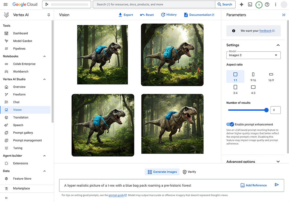 Google Cloud Vertex AI Studio 介面的螢幕截圖，顯示四張生成的圖片，其中有隻暴龍背著藍色背包，位於史前森林中。左側欄會顯示「資訊主頁」、「Model Garden」和「Vision」等導覽選項，右側面板則包含圖片產生設定的參數。