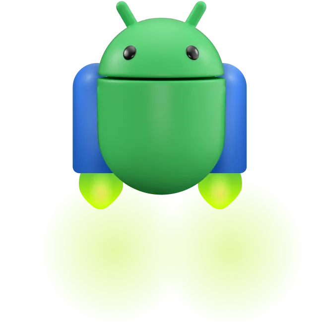 A 3D illustration of the Android mascot, wearing a jetpack that's emitting a large cloud of bubbles