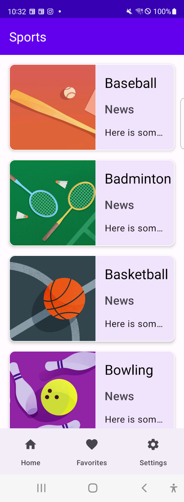 Ứng dụng thể thao hiện danh sách các môn thể thao trong một cửa sổ thu gọn, trong đó thanh điều hướng là một thành phần điều hướng trên cùng.