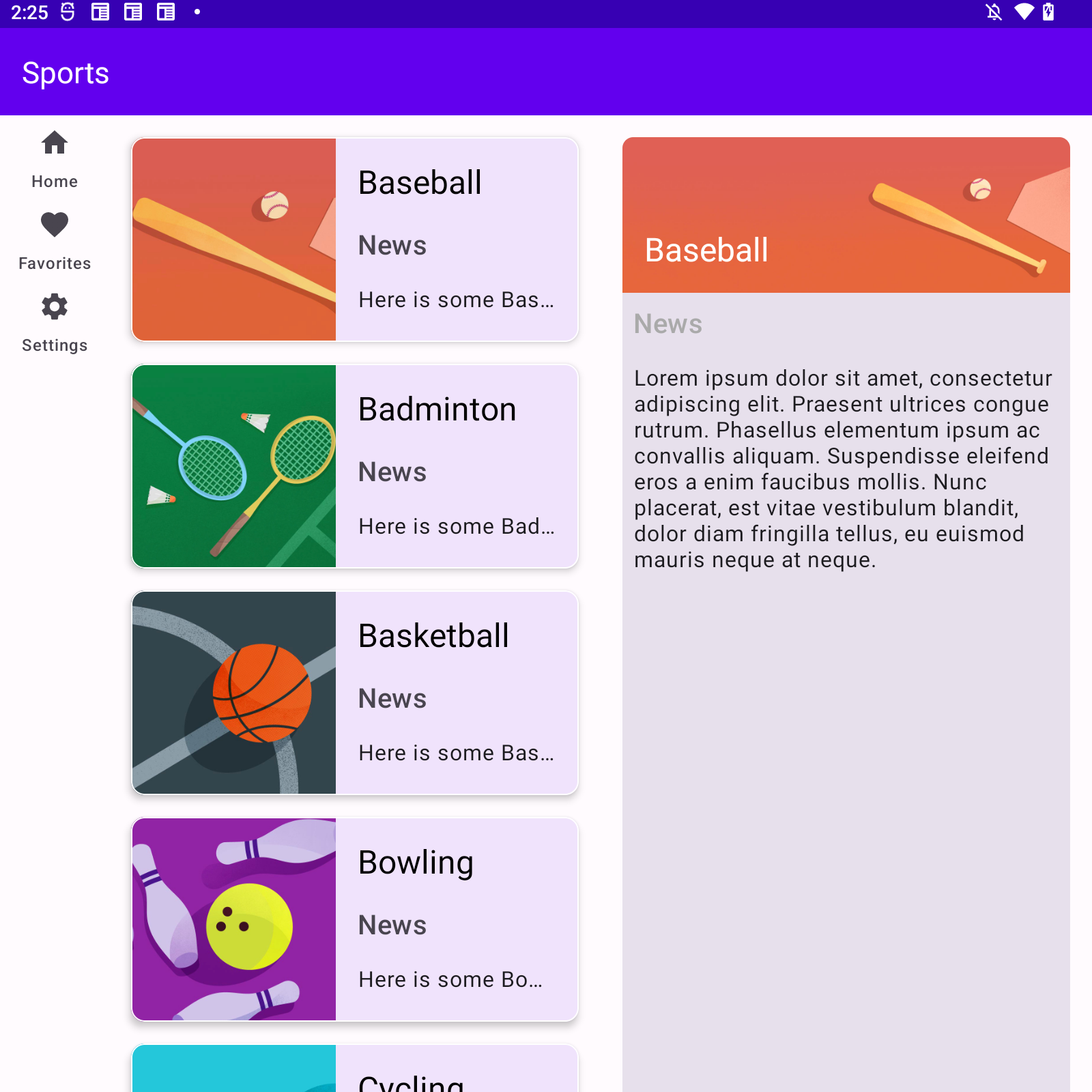 O app esportivo mostra a coluna de navegação, a lista de esportes e as notícias quando está associado à classe de tamanho de janela com largura média.