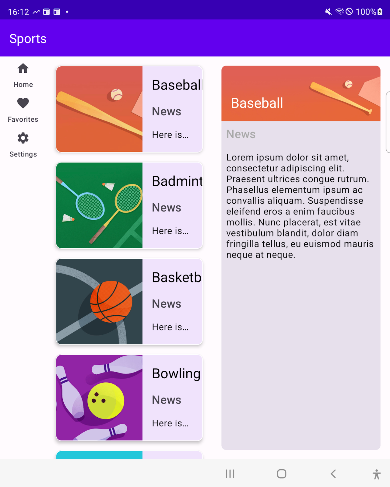 La app de Deportes muestra una lista de deportes y de noticias deportivas una al lado de la otra en una ventana mediana. Un riel de navegación se muestra como un componente de navegación superior. 