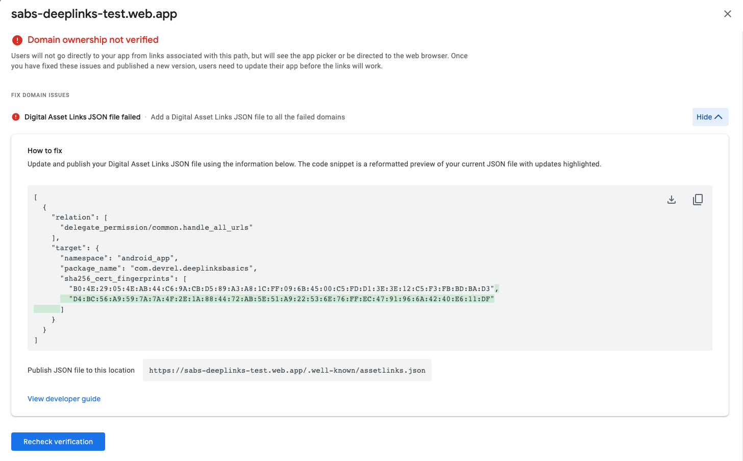 Deep links dashboard domain verification section displaying how to update the domain with the correct certificate fingerprint.