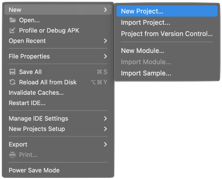 File menu and selecting the following path: New to New Project.