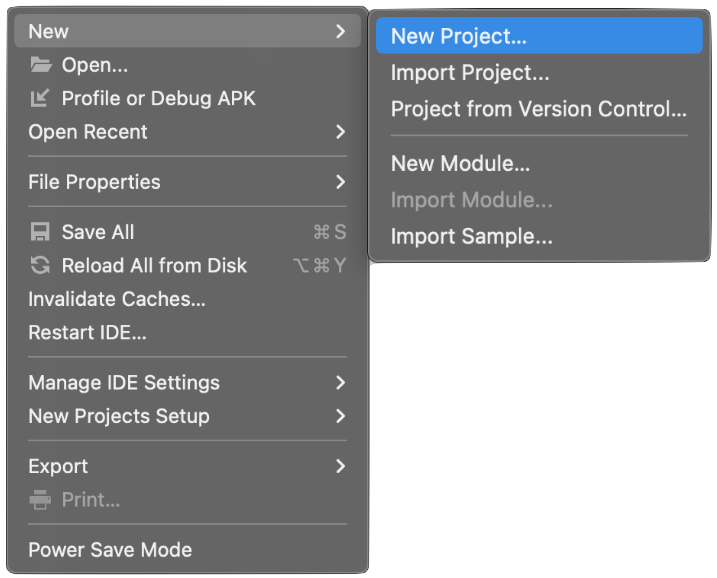 在「File」選單中依序選取以下路徑：「New」以及「New Project」。