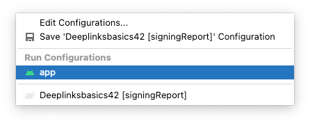 Android studio running configurations menu with the 'app' configuration selected.