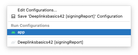 Trình đơn cấu hình chạy Android Studio có cấu hình &quot;app&quot; được chọn.