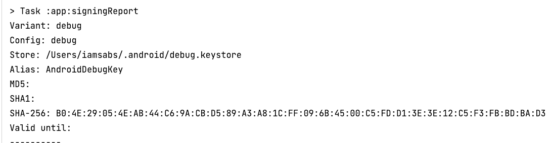 Terminal window displays Gradle signing report results.