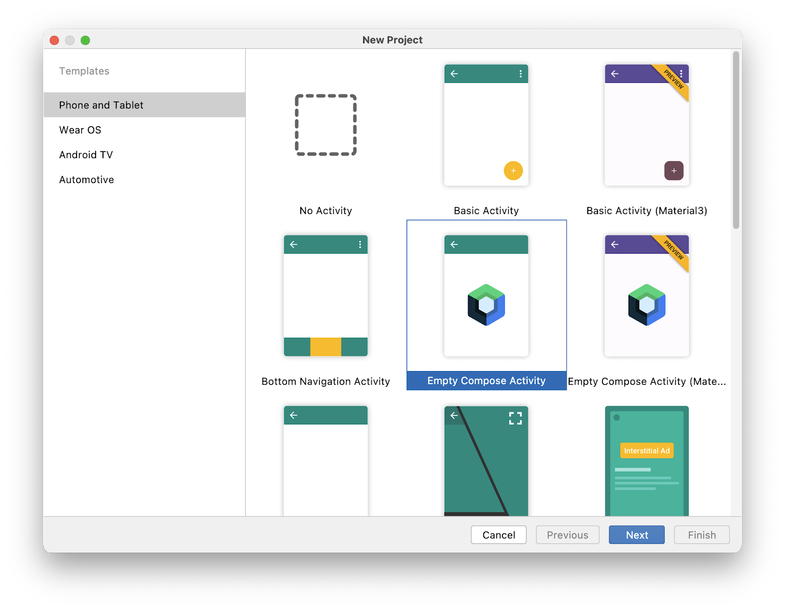 Android Studio 'New' project modal with 'Empty Compose Activity' selected.