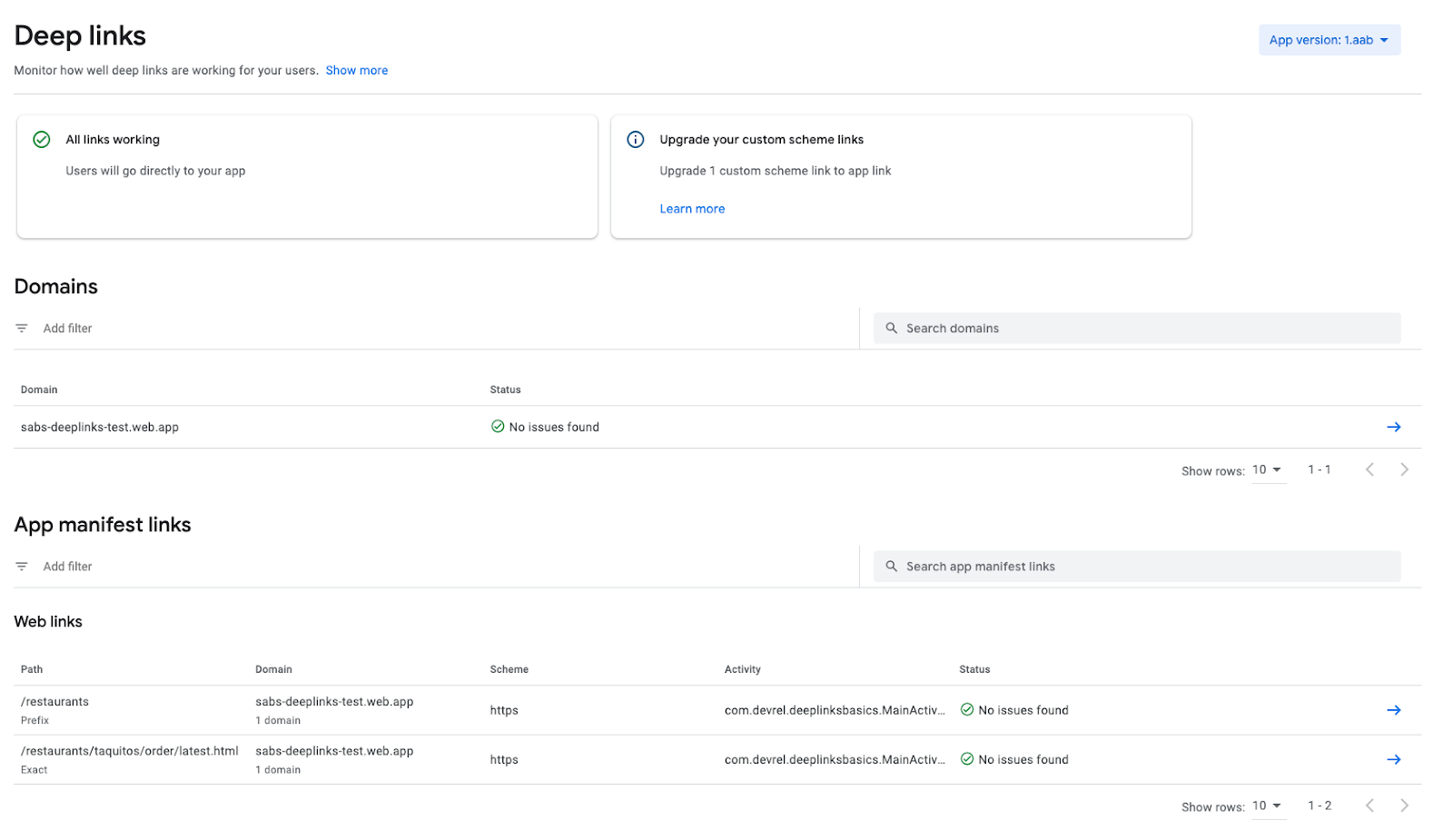 Painel de links diretos do Play Console com um Link do app Android verificado.