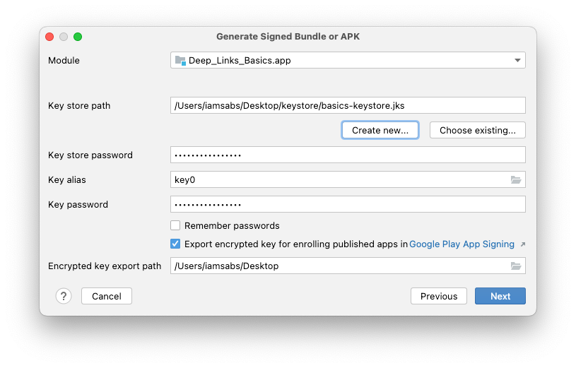 다음 값과 메뉴 항목이 포함된 Generate Sign Bundle or APK 메뉴 모달. &#39;Module&#39;에는 기본값, &#39;Key store path&#39;에는 생성된 경로, &#39;Key store password&#39;에는 이전에 생성된 비밀번호, &#39;Key alias&#39;에는 key0, &#39;Key password&#39;에는 이전에 생성된 비밀번호가 채워져 있고 &#39;Export encrypted key for enrolling published apps in Google Play App Signing&#39;이 선택되어 있으며 &#39;Encrypted key export path&#39;에는 기본값이 선택되어 있습니다.