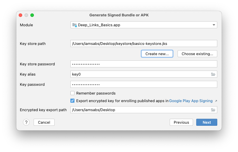 [Generate Sign Bundle or APK] メニュー モーダルに表示されているメニュー項目とそれぞれの値: [Module] はデフォルト値、[Key store path] は指定したパス、[Key store password] は前に指定したパスワード、[Key alias] は「key0」、[Key password] は前に指定したパスワード、[Export encrypted key for enrolling published apps in Google Play App Signing] はオン、[Encrypted key export path] はデフォルト値。