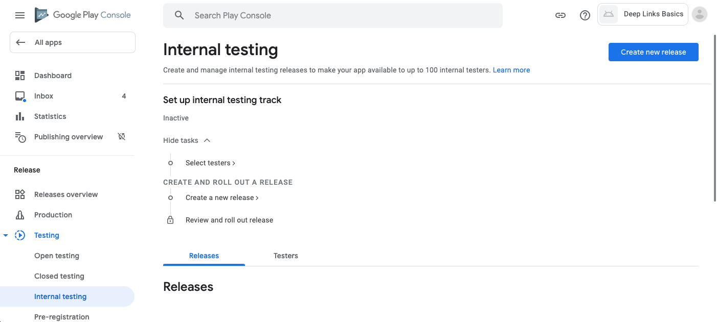 Play console 'internal testing' section, which displays the 'create new release' button.