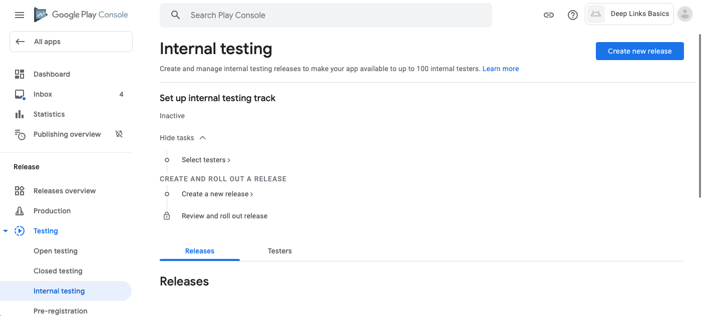 Play 管理中心的「internal testing」專區，其中顯示「create new release」按鈕。