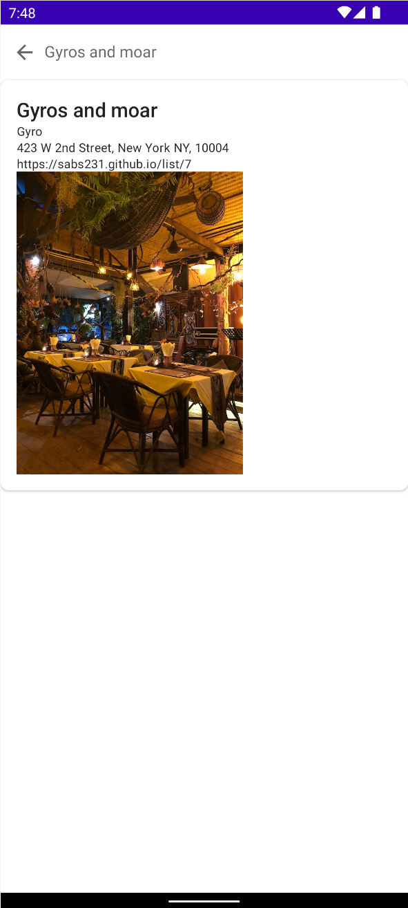 Android Emulator で開いたレストラン アプリに、「Gyros and moar」レストランのスクリーンが表示されています。