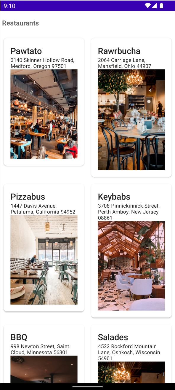 完成したレストラン Android アプリの外観。