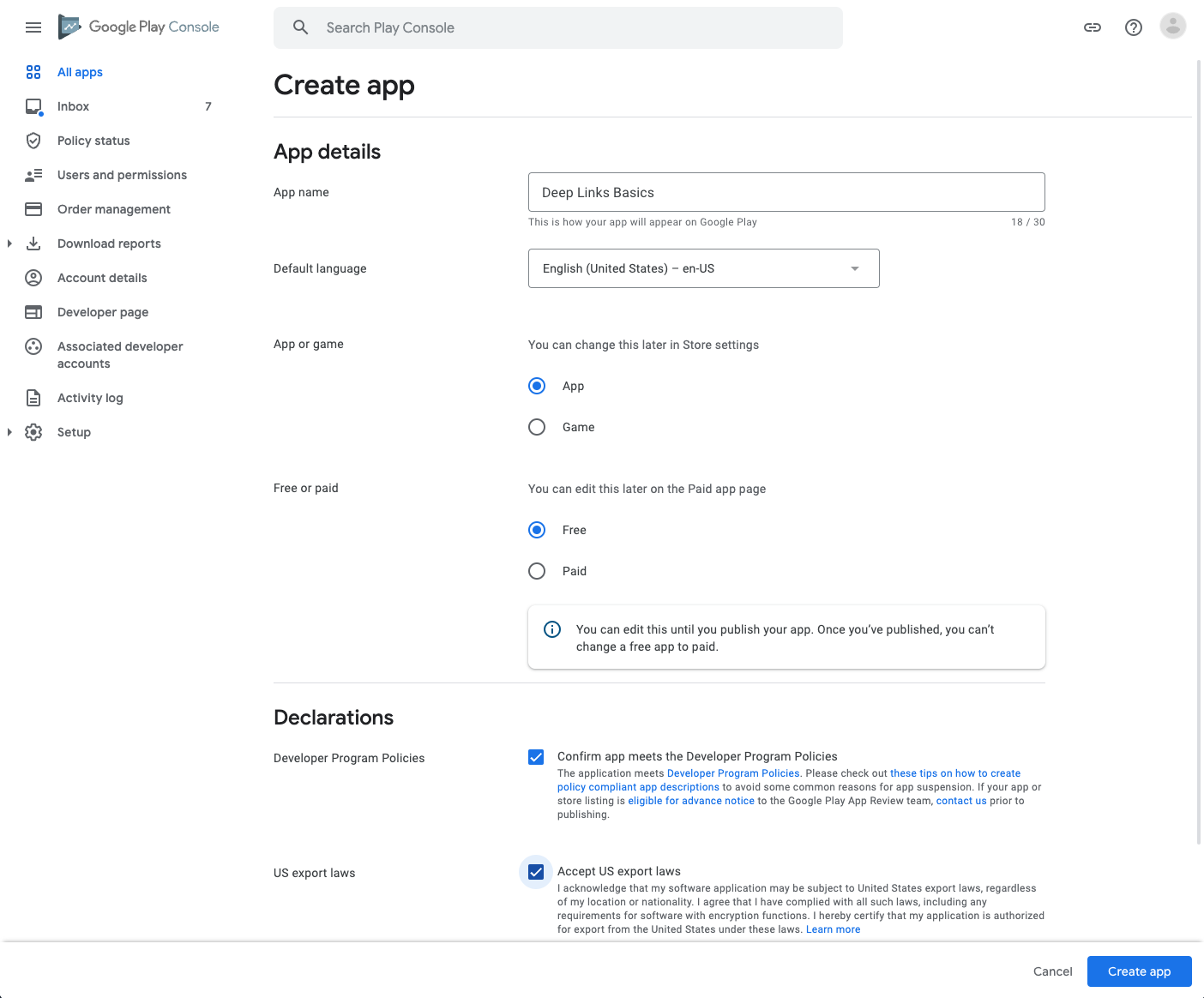 Create app menu with the following updated values: Deep links basics for 'app name', App selected for 'app or game', free selected for 'free or paid', and accepted the two declarations.