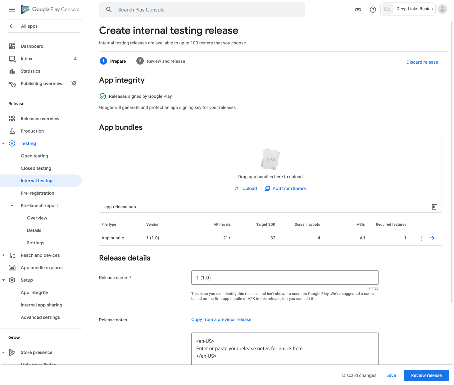 Internal testing release section of play console with deep links basics app uploaded. The default values are filled in.