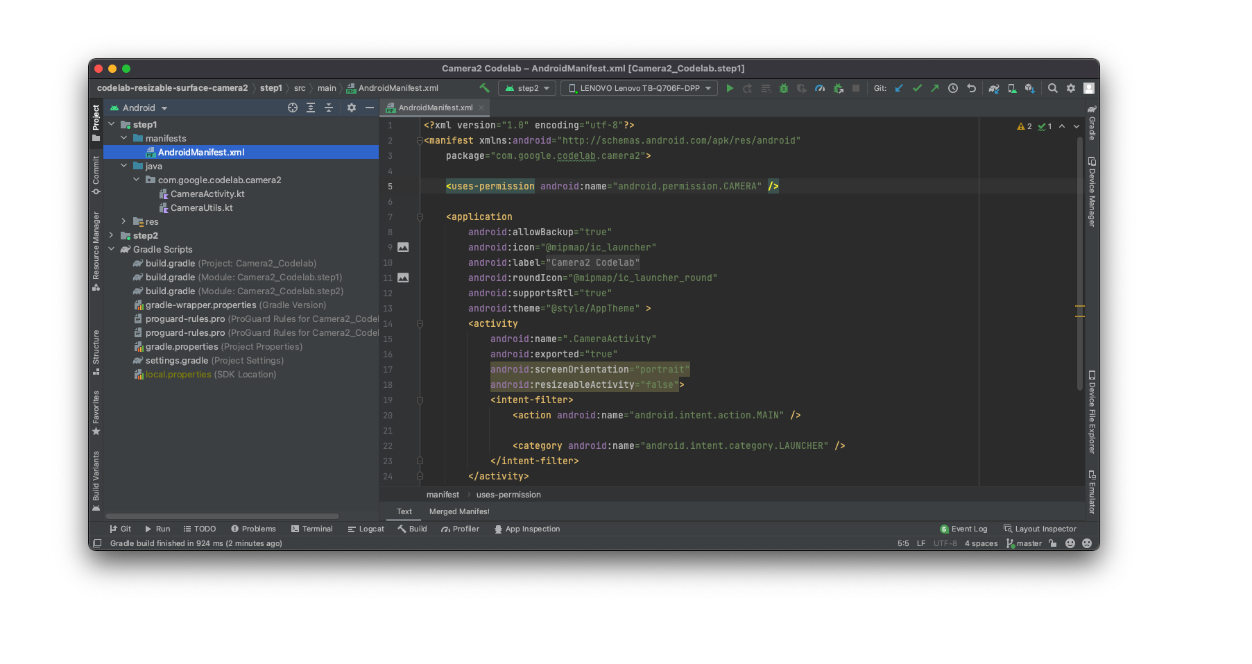 Captura de pantalla de Android Studio que muestra el código que se relaciona con este codelab