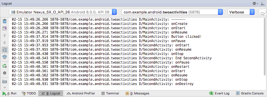 Log showing lifecycle states