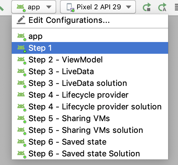 Screenshot showing run configurations Shows 11 configurations. App and then steps 1 to 6 with solutions for step 3, 4, 5 and 6.