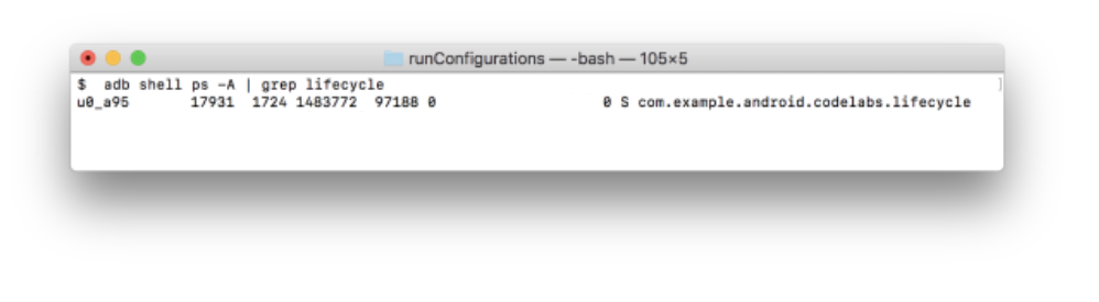 Screenshot of command line Result of the previous command shows a line with the running process.\n