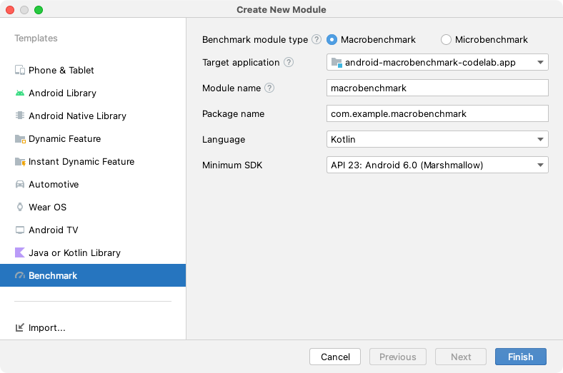 Jenis modul benchmark Macrobenchmark dipilih.