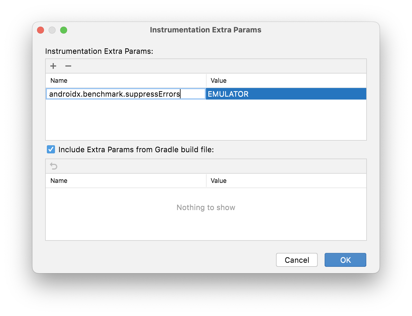 Instrumentation Extra Params window showing parameter androidx.benchmark.suppressErrors having EMULATOR value a06c7f6359d6b92c.png