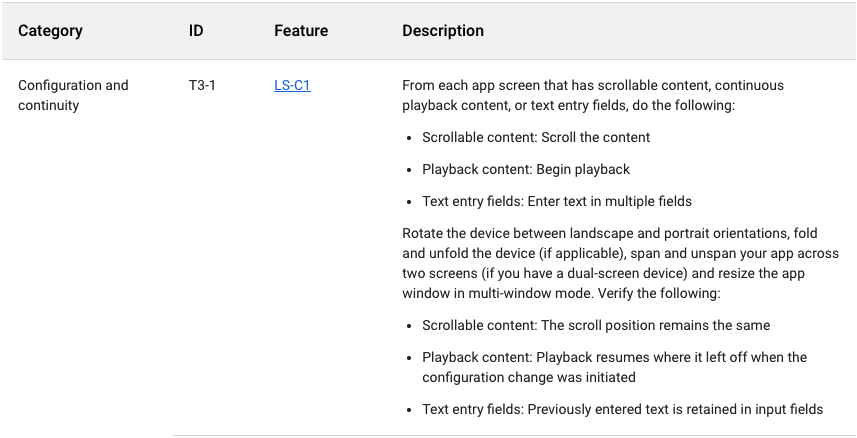 As etapas do teste de qualidade de apps em telas grandes para a categoria &quot;Configuração e continuidade&quot;.