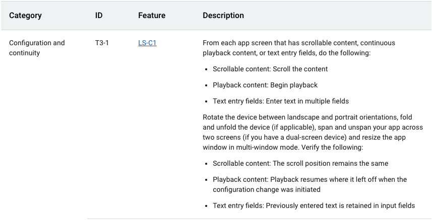 Los pasos de prueba de calidad de apps de pantalla grande sobre la configuración y continuidad.