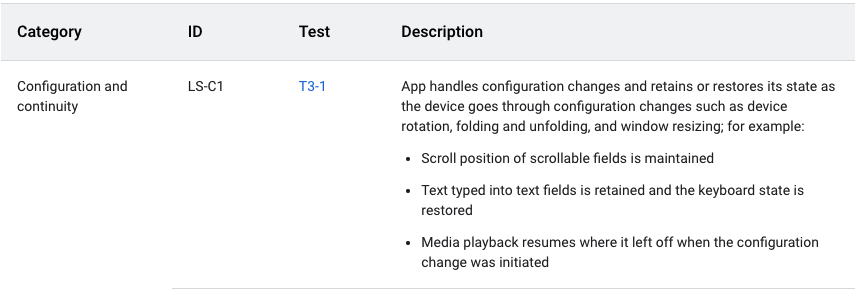 Large screen app quality description for configuration and continuity.