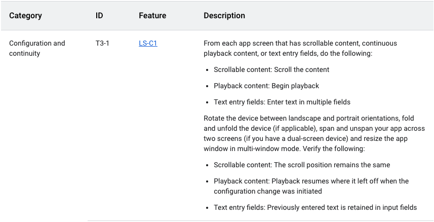 The large screen app quality test steps for configuration and continuity.