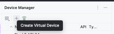 Toolbar Device Manager yang menampilkan dua opsi menu, termasuk opsi untuk membuat perangkat virtual. 