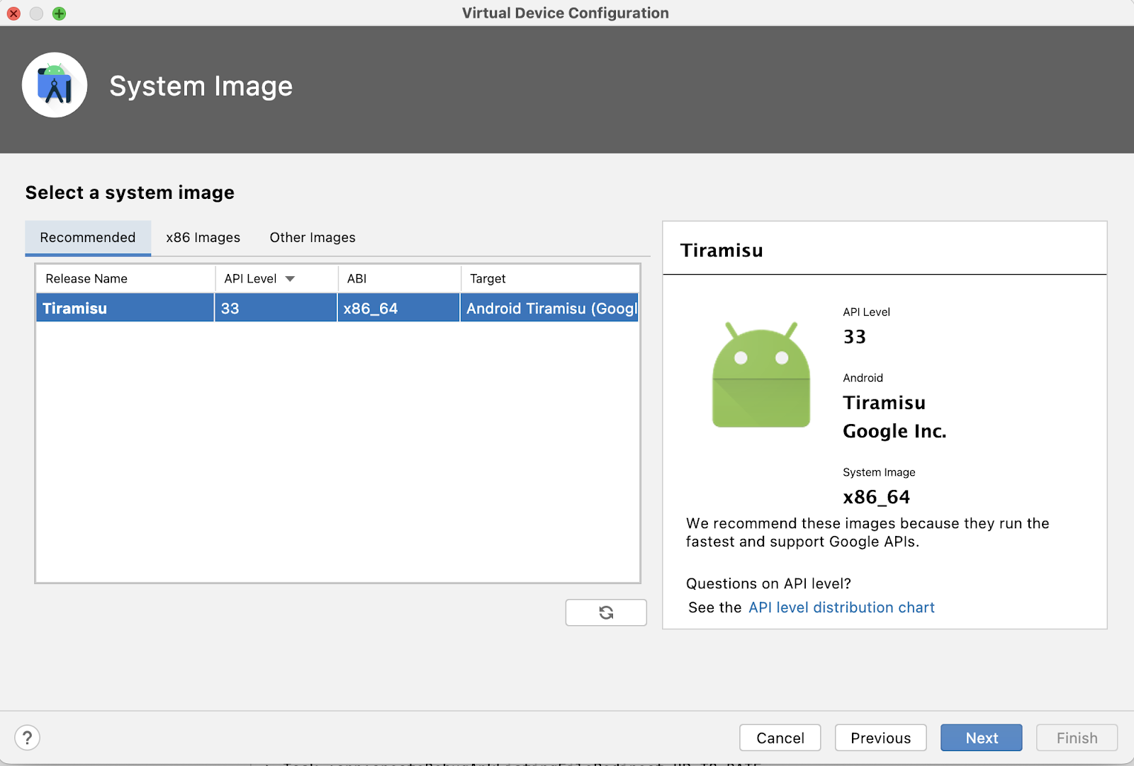 La ventana Virtual Device Configuration muestra un mensaje para seleccionar una imagen del sistema. Se selecciona la API de Tiramisu.