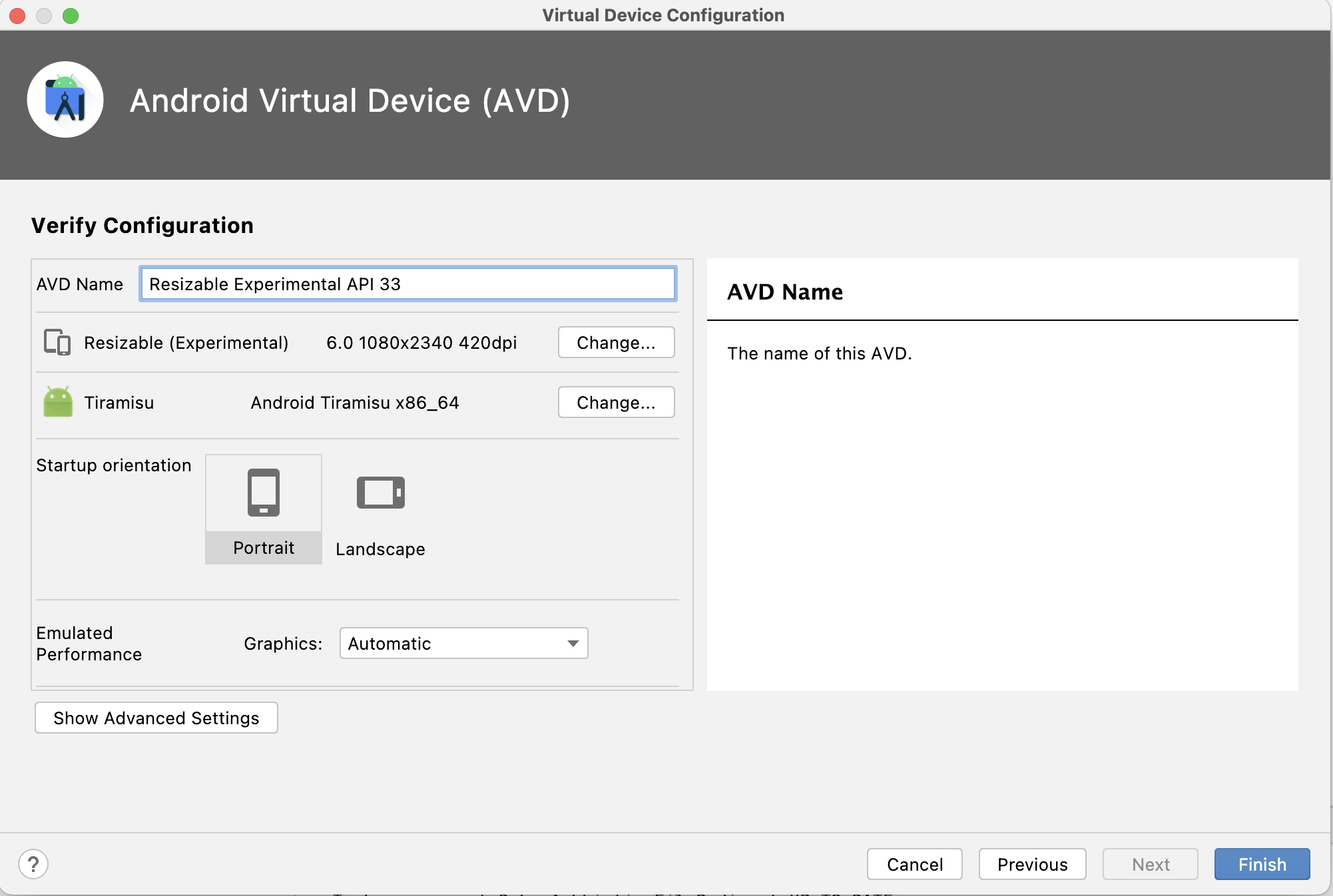 The Virtual Configration screen in Android Virtural Device (AVD) displays. The configuration screen includes a text field to enter the AVD name. Below the name field are a list of device options, including the device definition (Resizable Experimental), the system image (Tiramisu), and the orientation, with Portrait orientation selected by default. Buttons reading 