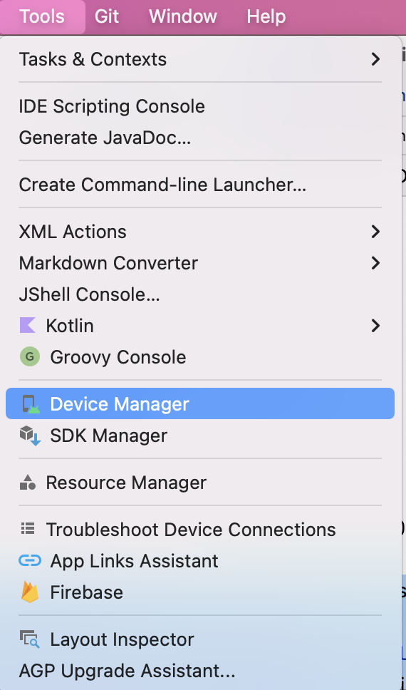 Tools 메뉴에 옵션 목록이 표시되어 있음. 목록의 중간 쯤에 표시된 Device Manager가 선택되어 있음.