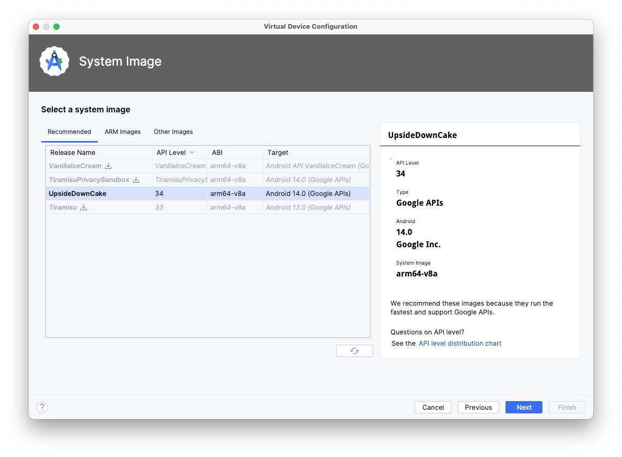 La ventana Virtual Device Configuration muestra un mensaje para seleccionar una imagen del sistema. Está seleccionado el nivel de API 34